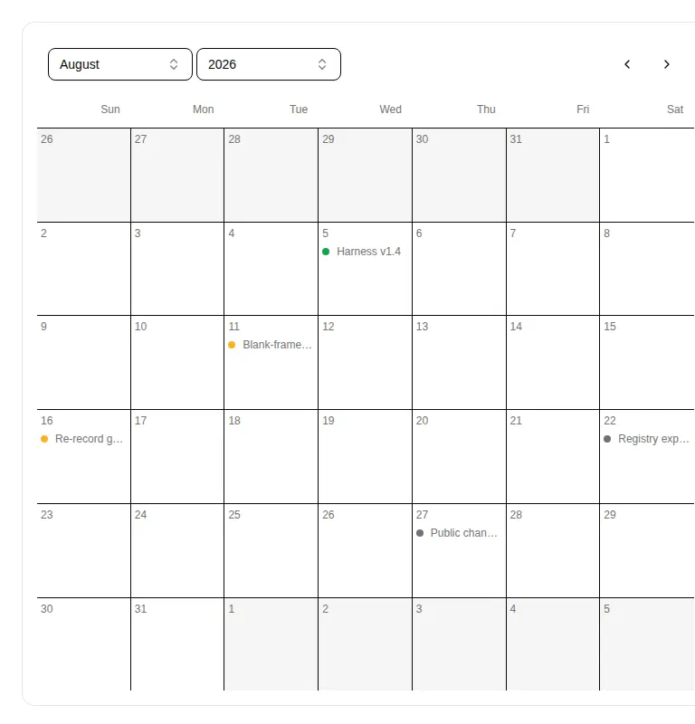 Harness screenshot of kibo-calendar at 768 pixels wide